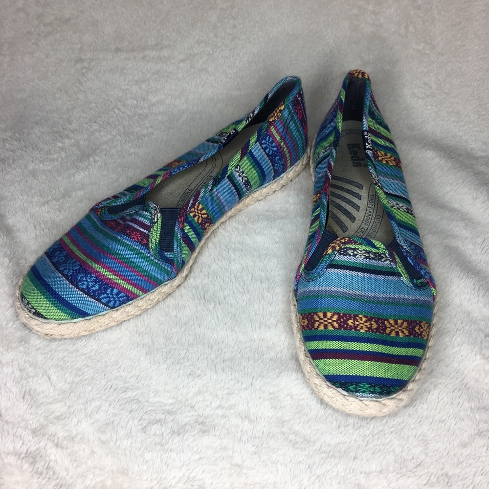 Blue, green and purple stripped Keds.
